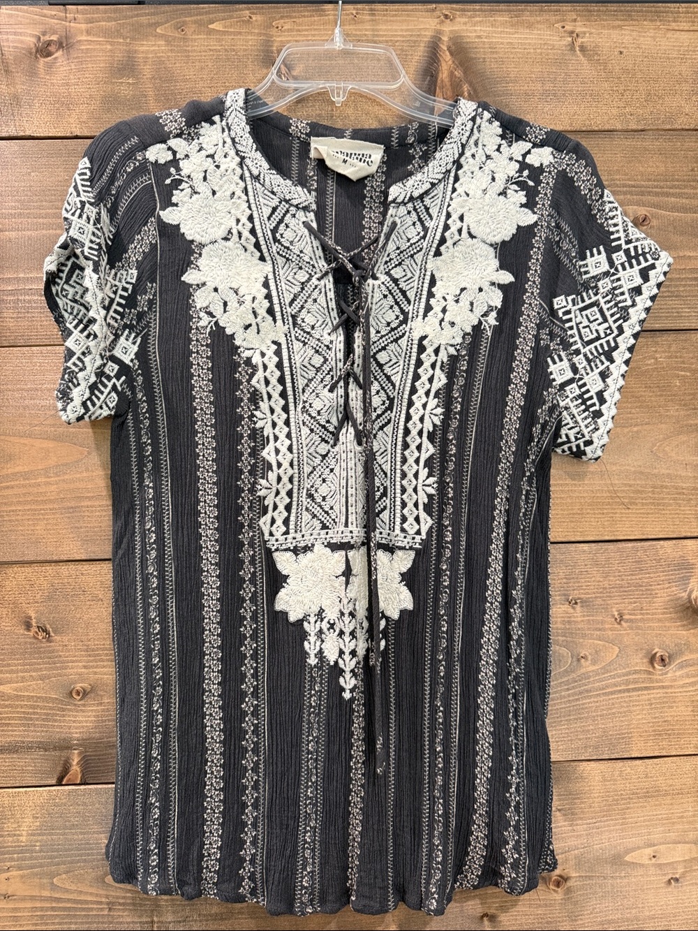 Savanna Jane Black Tunic with White Floral Embroidery and Lace-Up Neck